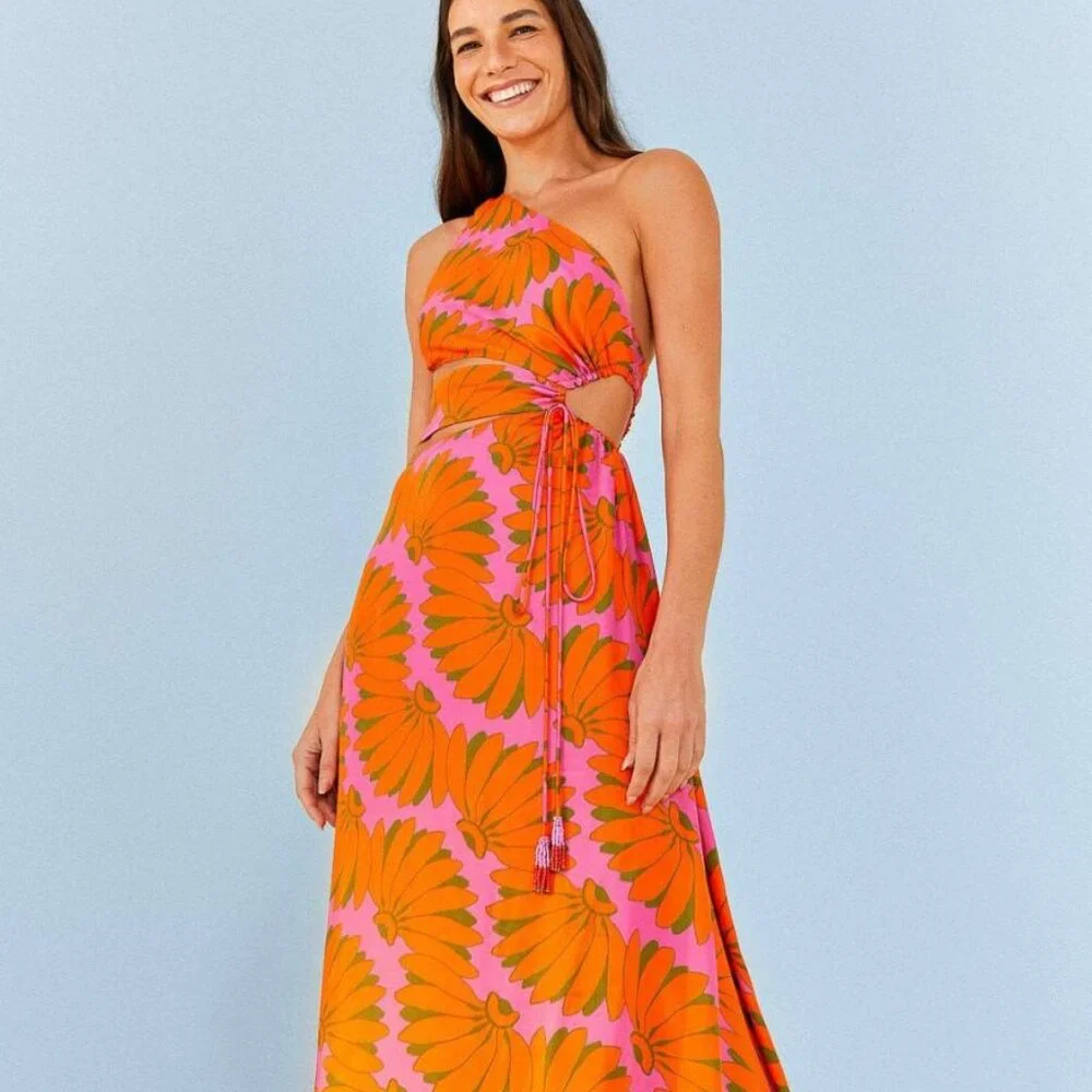FARM Rio One-Shoulder Maxi Dress in Orange and Pink Floral - Picture 3 of 5